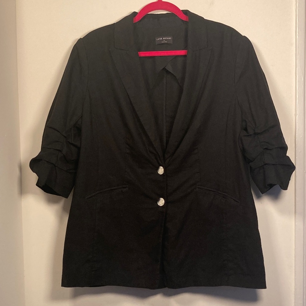 Lane Bryant Womens Black Linen Blazer Sz 14 Gauzy Ruched Lightweight Breathable